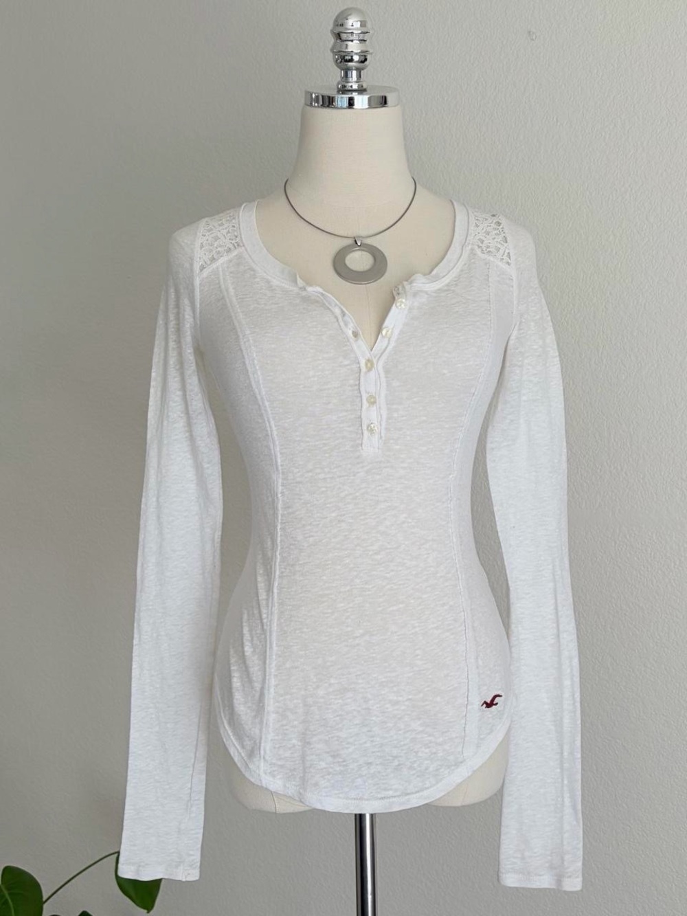 Hollister White Long-Sleeve Henley with Lace Shoulders